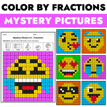 Preview of Emoji Fractions Color by Number Mystery Pictures - Math Activity