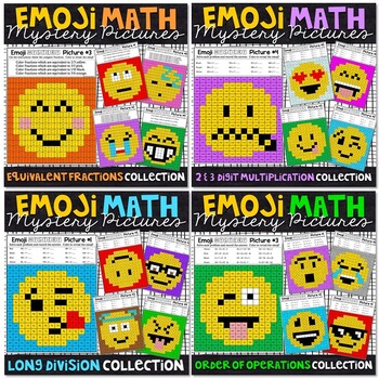 Preview of Emoji Math Mystery Pictures Bundle | Basic Skills Set 2 | Math Color by Number