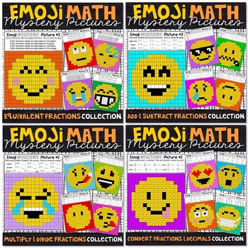 Preview of Emoji FRACTIONS Mystery Pictures Bundle | Fractions Color by Number Bundle