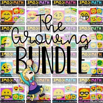 Preview of Emoji Math Mystery Pictures Growing Bundle | Math Color by Number Bundle