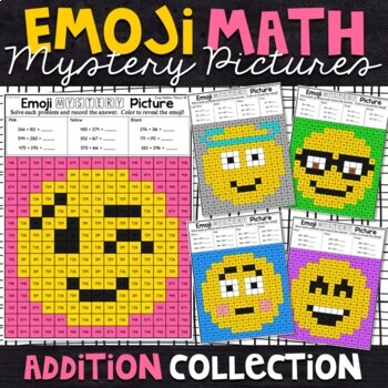 Preview of Emoji 2 and 3 Digit Addition Worksheets | Color by Number Addition