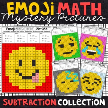 Preview of Emoji 2 and 3 Digit Subtraction Mystery Pictures | Subtraction Color by Number