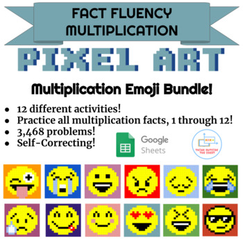 Preview of Emoji Pixel Art Multiplication Bundle | 12 Digital Independent Math Fact Sheets