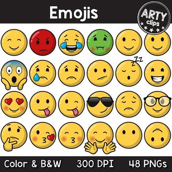 Preview of Emoji faces clipart (color + black & white) MEGA BUNDLE 48 PNG {Arty Clips}