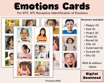 Preview of Emotion Cards for DTT, Discrete Trial Training, for ABA Therapy, Receptive ID