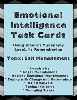 Preview of Emotional Intelligence Task Cards Using Bloom's Level 1, Topic: Self Management