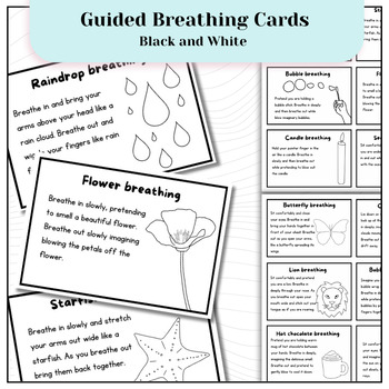 Preview of Emotional Regulation Guided Breathing Cards | Mindfulness | Calming tools | B&W