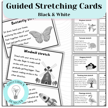 Preview of Emotional Regulation Guided Stretch Cards | B&W