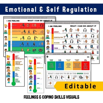 Preview of Emotional & Self Regulation | Feelings Thermometer | Coping Strategies(Editable)