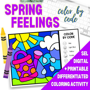 Preview of Emotions Color by Code GARDENING Spring Digital and Print Feelings Activity
