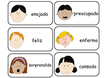 Emotions and feelings Flash cards English and Spanish with