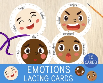 Preview of Emotions Lacing Cards, Learn the Feelings, Fine Motor Activity, Tying Toy
