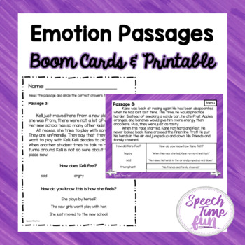 Preview of Emotions Passages Boom Cards™ & Printable Worksheet