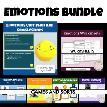 Preview of Emotions Unit Plan Bundle: Plans, Slides, Worksheets, Sorts, Games