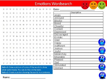 Preview of Emotions Wordsearch Sheet Starter Activity Keywords Feeling Social Puberty