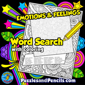 Preview of Emotions and Feelings Synonyms Word Search Puzzle Activity Page with Coloring