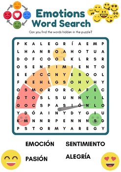 Preview of Emotions in spanish word search answers  Puzzle, Vocabulary, and Image IDs