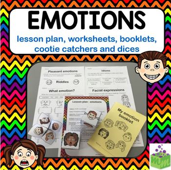 Preview of Emotions- lesson plan, worksheets, booklets, cootie catchers, dices