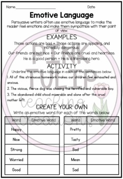 emotive language persuasive writing worksheets tpt