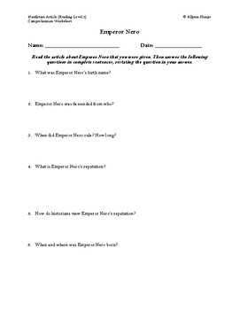 Preview of Emperor Nero Article (Reading Level 2) Comprehension Worksheet