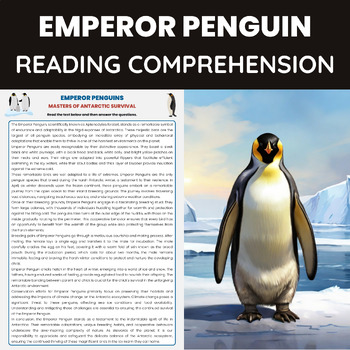 Preview of Emperor Penguins Reading Comprehension Worksheet | Winter Wildlife and Animals