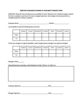 Preview of Employee Availability/Change of Availability Request Form
