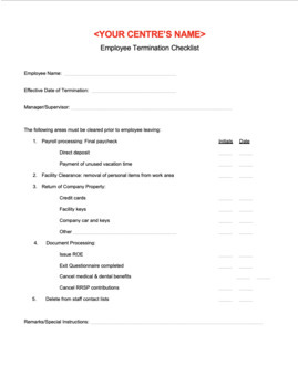 Preview of Employee Termination Checklist