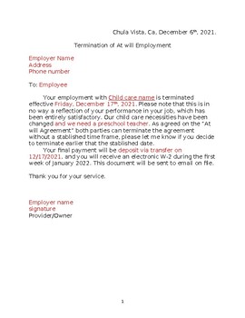 Preview of Employee agreement and termination letter