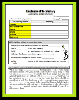 Career Readiness Worksheet - Employment Vocabulary - Career Exploration