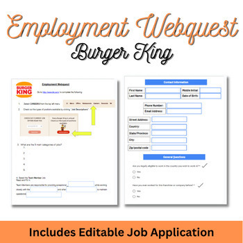 Preview of Employment Web-quest- Burger King- Includes Editable Application