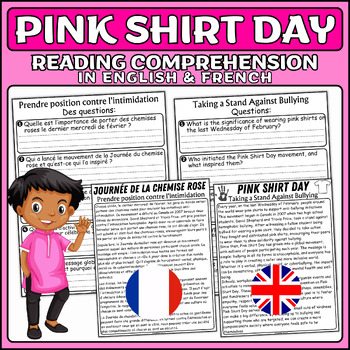 Preview of Empower Students: Pink Shirt Day Reading & Questions (English & French)