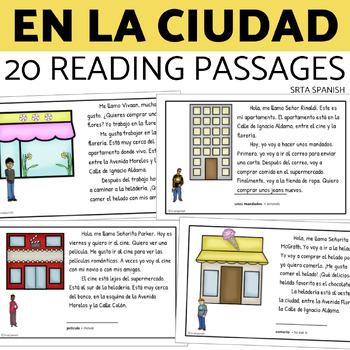 Preview of En La Ciudad Spanish City Vocabulary Prepositions of Location Reading Activities