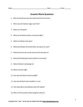Encanto Worksheet Movie Guide English or Spanish Questions with