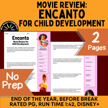 Preview of Encanto Movie Review Worksheet/Child Development - Disney+ Rated: PG, Time: 1:42