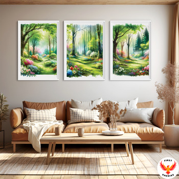 Preview of Enchanted Forest Watercolor, Spring Bloom Wall Art, Tranquil Woodland Decor, Nat