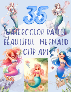 Preview of Enchanted Mermaids: Watercolor Pastel Beautiful Mermaid Clip Art Collection