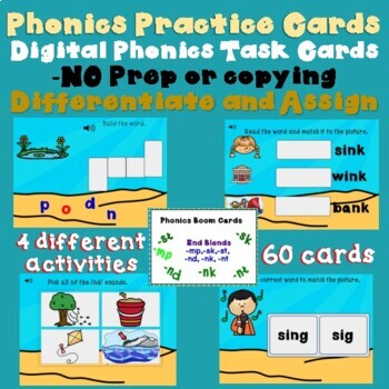 Preview of End Blends Phonics Boom Task Cards: -mp, -,nd, -nk, -nt, -sk, -st