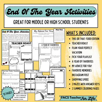 Preview of End Of The Year Activities Packet: NO PREP, Middle or High School, FACS
