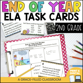 Preview of 2nd Grade End Of Year ELA Task Cards DIGITAL and Print