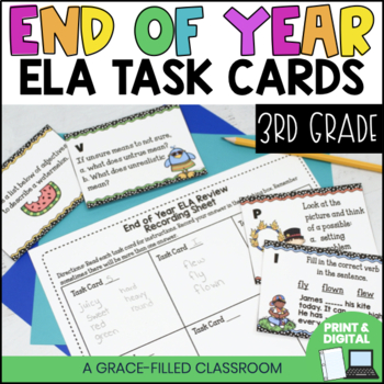 Preview of 3rd Grade End Of Year ELA Task Cards DIGITAL and Print