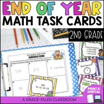 Preview of 2nd Grade End Of Year Math Task Cards - Print and Digital