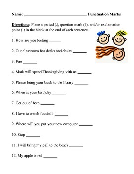 end punctuation marks review worksheet or homework assignment with answer key