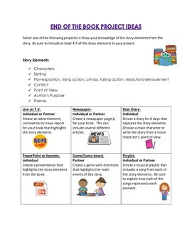 Preview of End of Book Project Ideas based on Story Elements Menu and Rubric