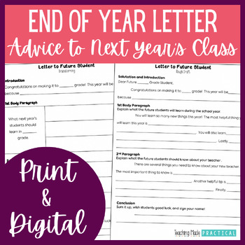 Preview of End of Year Writing Activity - Advice / Letter to Next Year's Students Template