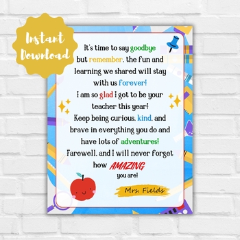 Preview of End of School Year Letter Printable, Goodbye Letter to Student