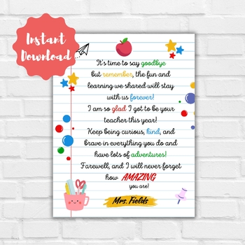 Preview of End of School Year Letter Printable, Goodbye Letter to Student, ElementarySchooL