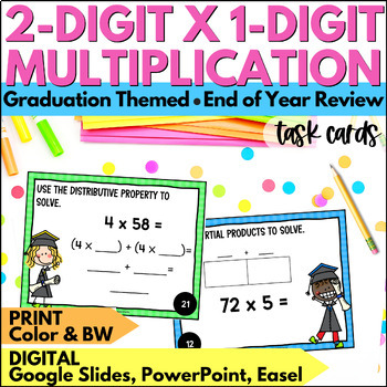 Preview of Summer 2 Digit by 1 Digit Multiplication Practice Task Cards Review End of Year