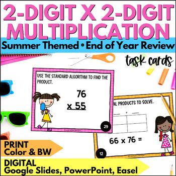 Preview of Summer 2 Digit by 2 Digit Multiplication Task Cards Review Activity End of Year