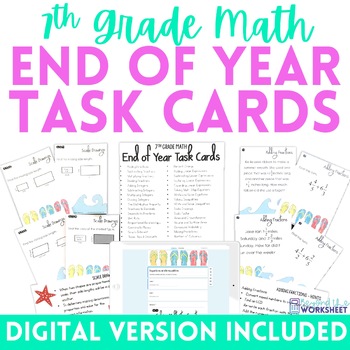 Preview of End of Year 7th Grade Math Task Cards | Print and Digital
