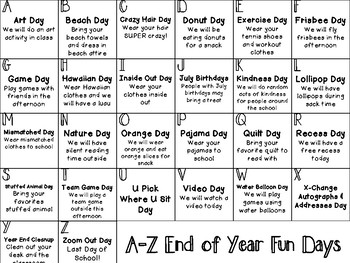 End Of Year A Z Theme Days By Stephani Ann Teachers Pay Teachers